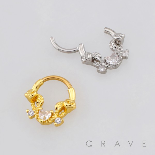 HEART AND ROSE VINE SEPTUM CLICKER RING 316L SURGICAL STEEL